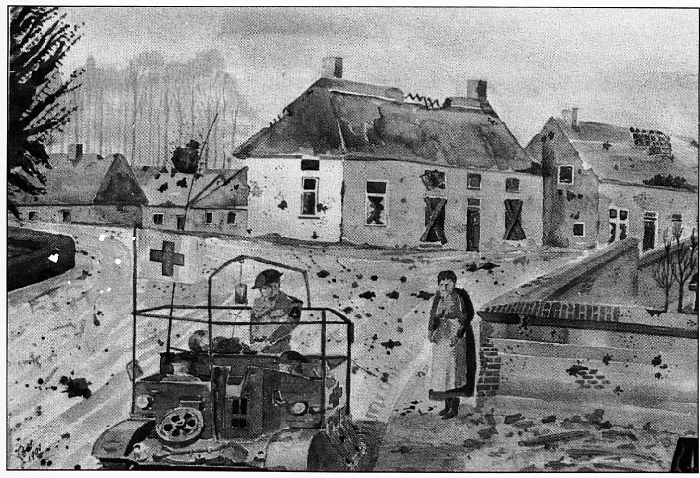 Deze aquarel van Dhr. Bos -oud strijder gelegerd te Wamel- brengt het vervoer van de zwaargewonde soldaat Harry van Ham in beeld, die naar een Canadees militair hospitaal wordt afgevoerd.