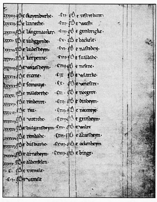 De bladzijde uit het Prümer Urbat (het goederenregister), waarin Uamele (Vamele) genoemd wordt.