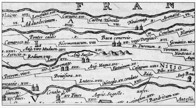 Een detail van de Peutinger kaart. Ad duodecimum zou Wamel kunnen zijn.